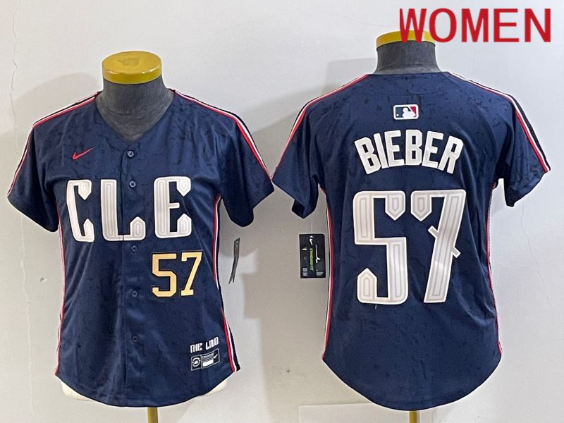 Women Cleveland Indians #57 Bieber Blue City Edition Nike 2024 MLB Jersey style 2